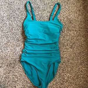 Athleta Aqualuxe Square Neck Ruched One Piece Swimsuit Teal medium Tall MT